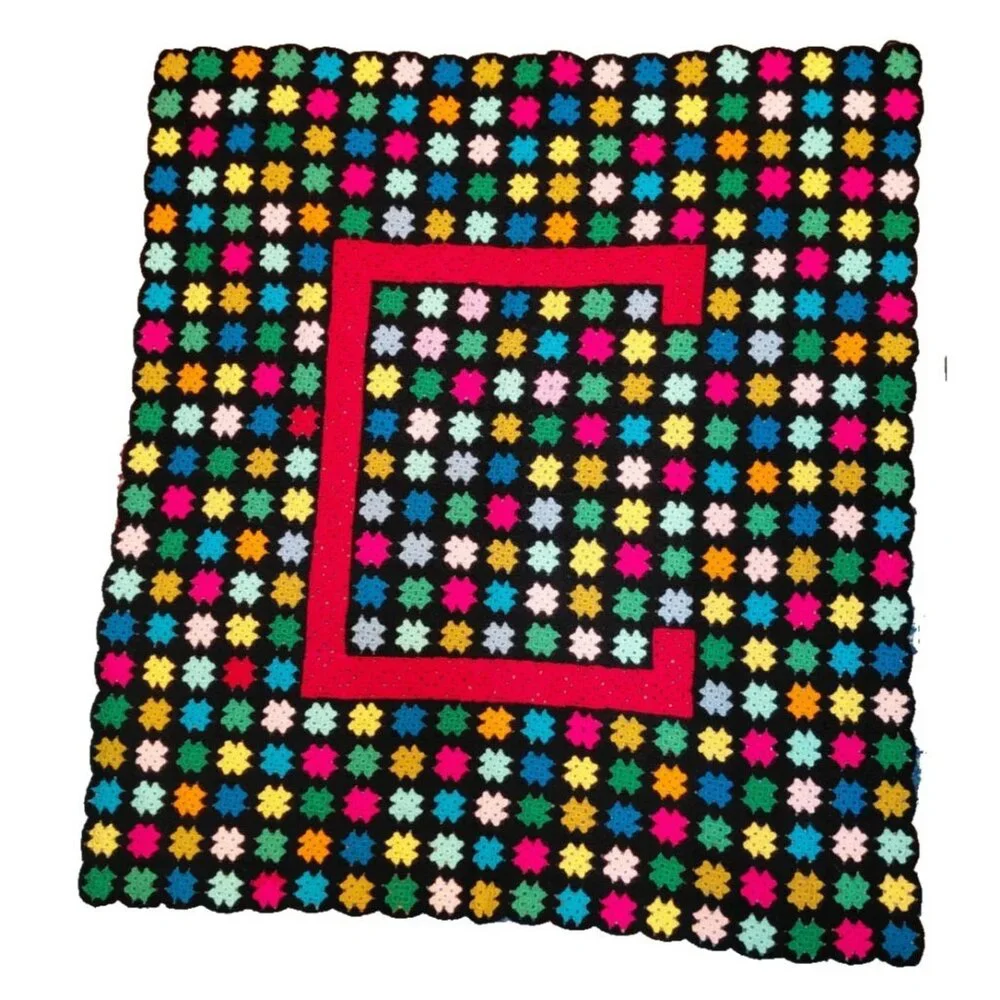 Vtg 70s Granny Square Throw Afghan Multicolor‎ Stained Glass 